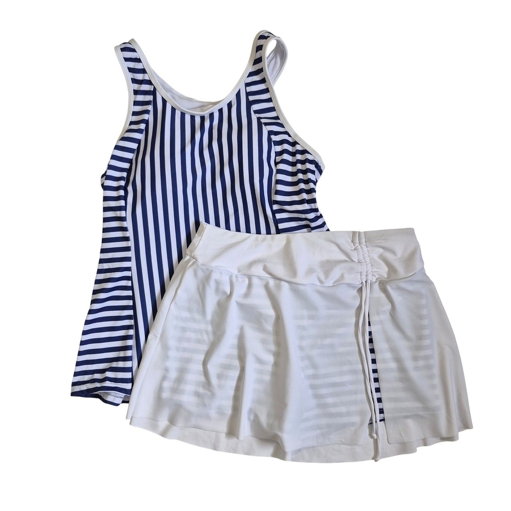 Unbranded Navy White Striped Tankini Swimsuit Set with Skirt Medium
